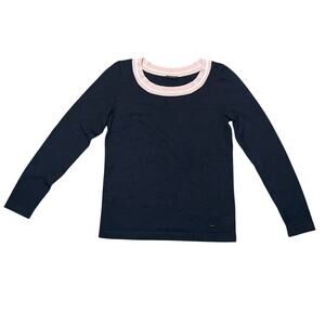 AKRIS Cashmere Mulberry Silk Long Sleeve Sweater Navy Blue Pink Collar US Size 6